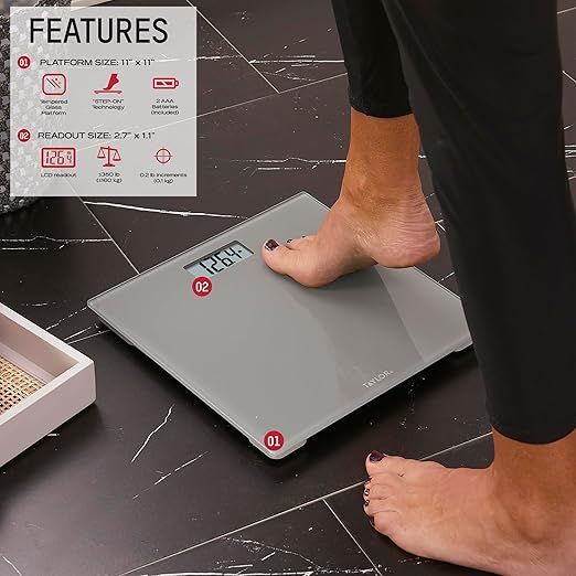 Taylor Digital Scales for Body Weight, 350 LB Capacity Bathroom Scale, 11.0 x 11.0 Inch Durable Glass Platform, Battery Powered, Easy to Read, Gray