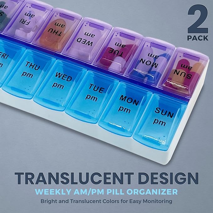 MEDca Pill Organizers - Small Pill Organizer with Weekly and Daily 2-Times-A-Day Compartments for AM/PM - BPA-Free, Portable and Travel Friendly Pill Boxes Case (2-Pack)