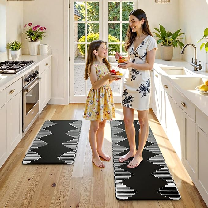 KIMODE Anti Fatigue Kitchen Mats, Black Kitchen Rugs, Padded Kitchen Mat for Floor, Comfort Foam Standing Desk Mat, Cushioned Kitchen Mats for Floor 2 Piece for Laundry Office Sink 17"x47"+17"x29"