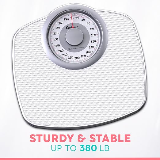 Adamson A25 Scales for Body Weight - Up to 400 LB - 5.3" Dial on 12.4" x 10.2" Platform - Anti-Skid Rubber Surface - High Precision Bathroom Scale Analog - Durable with 20-Year Assurance - Full White