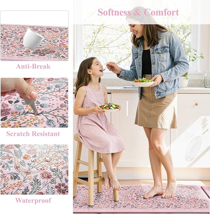 Collive Kitchen Mats for Floor, Cushioned Anti Fatigue Mat Pink Floral Rugs 2 Piece Non Skid Waterproof Sink Rug, Memory Foam Comfort Standing Mat for Office, Laundry, Desk