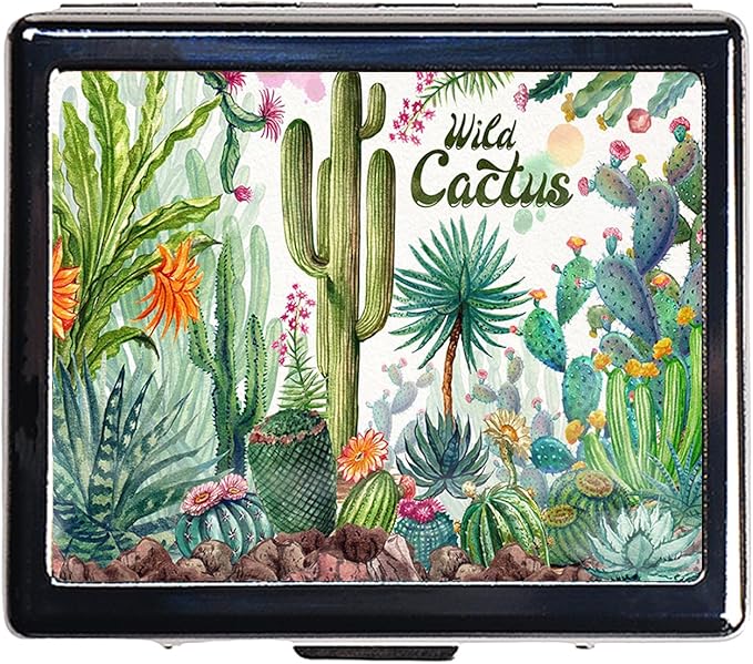 Silver Vintage Pill Box 7 Day Metal Pill Box with Mirror and 8 Compartments Cute Travel Pill Organizer for Purse (Green Tropical Plant Cactus)