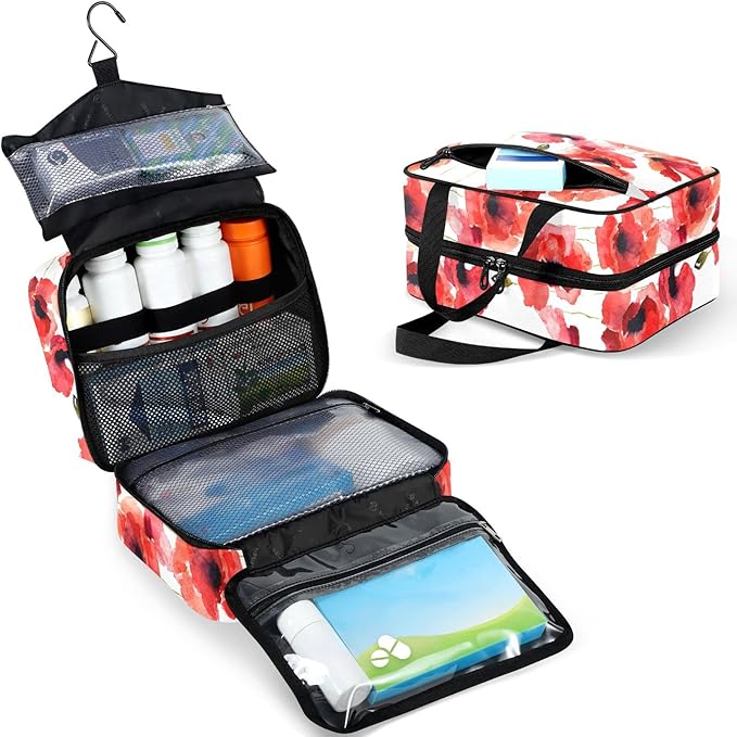 Naanle Pill Organizer Bag Travel Pill Bottle Medicine Organizer Home Storage Medication Bag for Vitamin Supplements, Watercolor Poppy Flower Empty First Aid Bag for Car Camping, 1.0 Count