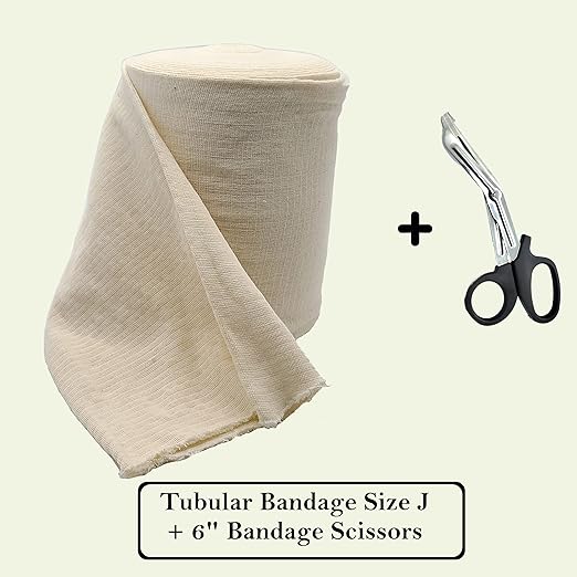 Tubular Compression Bandage Size J (6.9” x 33 ft) – Elastic Stockinette Support Sleeve for Waist, Trunks, Thick Quads – Cut-to-Fit, Washable Reusable, No Tape – Plus Medical Scissors