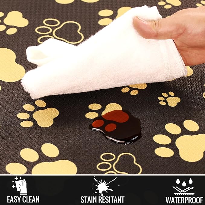 Black and Gold Kitchen Mats Cushioned Anti Fatigue Paws Print Kitchen Mats for Floor 2 Piece Waterproof Comfort Standing Mat for Desk, Sink, Stove, Laundry, 17"x30"+17"x47"