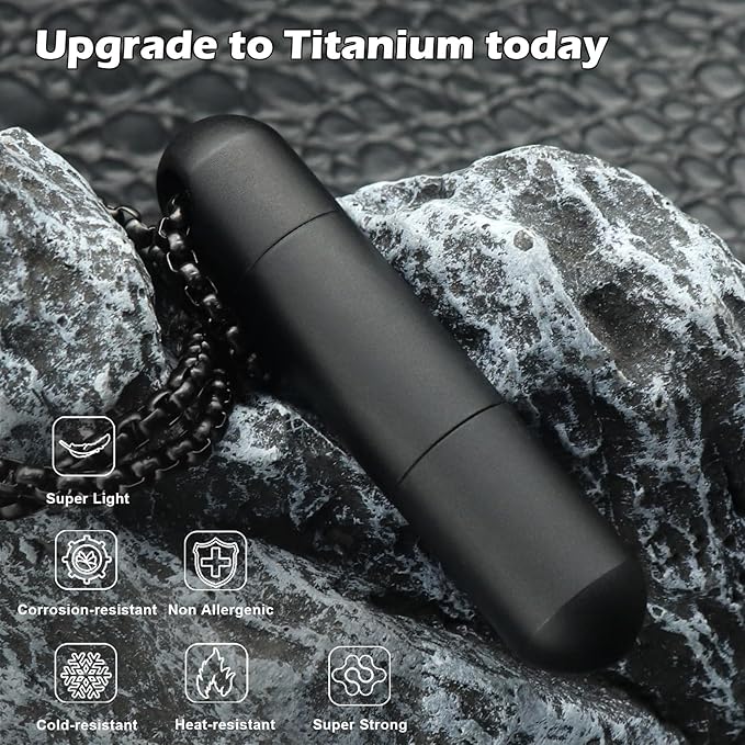 Extended Small Pill Box Necklace Black Titanium Mini Pill Case with Necklace Chain Tiny Pill Case for Men Waterproof Pill Holder Emergency Aspirin & Nitro Pill Container