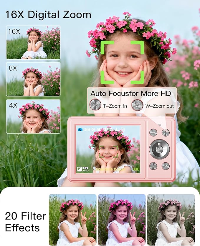 Digital Camera, FHD 1080P Point and Shoot Camera with 32GB SD Card, 2 Batteries, 16X Zoom, Anti Shake, Compact Small Design for Kids Teens Students Girls Boys (Pink)