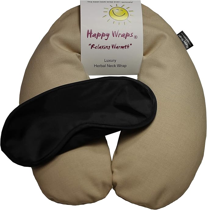 Microwavable Unscented Flax Seed Neck Wrap & Free Sleep Eye Mask - Hot Cold Heating Pad for Shoulder & Neck Pain Relief Pillow - Stress & Migraine Relief - Heat or Freeze - Tan