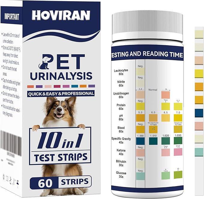 10-in-1 Cat & Dog Urine Test Strips, Cat & Dog UTI Test Kit, Pet Urinalysis Reagent Strips Diabetes, Glucose, Nitrite, Specific Gravity, pH, Protein, Leukocytes & More (60 Strips)