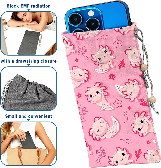 EMF Shield Sleeve for Cell Phone Reduce Signal Anti-EMP Pouch Against Radiation, EMF, 5G, RFID Blocking 4x8 Inch Cute Axolotl Phone Sleeve Bags