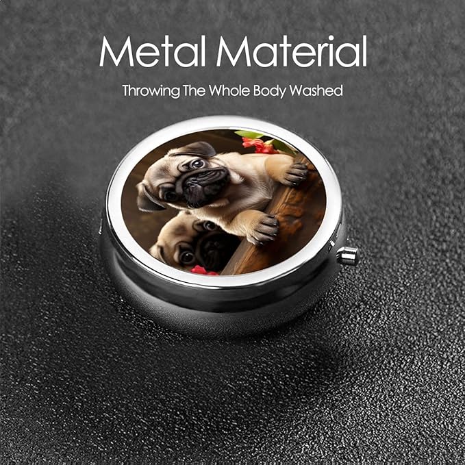 Puppys Pug Print Pill Box 3 Compartment Small Pill Case Portable Pill Box for Pocket Or Purse Cute Medicine Organizer Holder to Hold Vitamins Medication