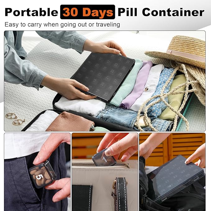 Bokon 3 Pcs Monthly Pill Organizer - 30 Day Medicine Box, 4 Weeks Storage Container, Once a Day Medication Dispenser for Travel, Black