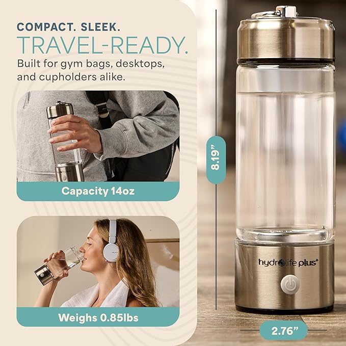 Lifepro Hydrogen Water Bottle Generator with Ionizer & SPE/PEM Technology – HydroLife Plus Portable, Rechargeable Alkaline + Hydrogen Water Machine for Daily Wellness & Hydration – 14oz Capacity