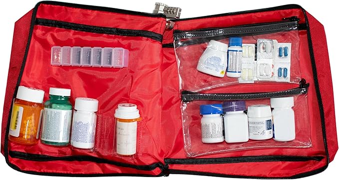 Large Medicine Bag Includes Pill Box and Removable Clear Bags, Prescription Bottle Organizer, Travel Carry Case, Combination Lock,12" x 10" x 2" (Red)