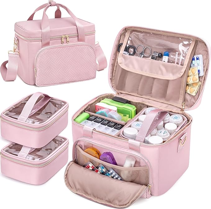 Medicine Storage Bag with 2 Medical Bags, Pill Bottle Organizer Bag Empty First Aid Bag for Travel, Home Healthcare, Pink(Empty Bag Only)