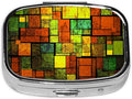 Pill Box-2 Compartment Small Pill Case Square Organizer Case with Mirror Portable Metal Medicine Box Travel Container for Pocket & Purse Women Men(Colorful Gtained Glass)