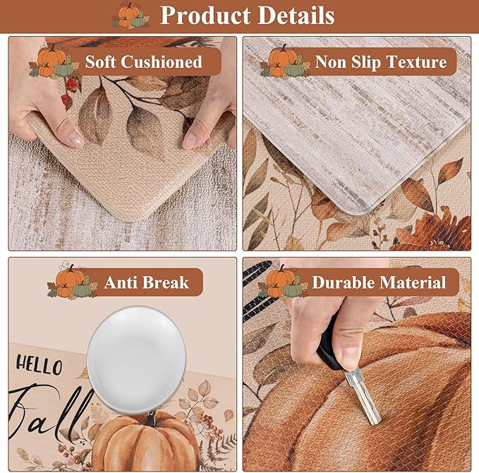 U'Artlines Fall Kitchen Rugs Sets of 2, Kitchen Mats Cushioned Anti Fatigue Printed on Both Sides, Autumn Pumpkin Flowers Comfort Desk Standing Rugs for Halloween Home Fall Decoration 17"x28"+17"x47"