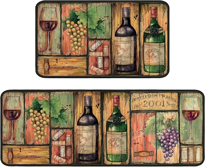 Wine Kitchen Rugs 2 Piece Set for Floor Mat, Non Skid Washable Absorbent Microfiber Wine Kitchen Mat for in Front of Sink for Standing for Home Wine Kitchen Decor 17"X30"+17"X47"