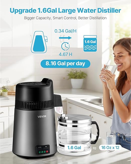 VEVOR Water Distiller, 6L/1.6 Gallon Larger Pure Water Purifier Filter for Home Table Countertop, 900W Glass Pot Distilled Maker, Stainless Steel Interior Drinking Machine to Make Clean Water