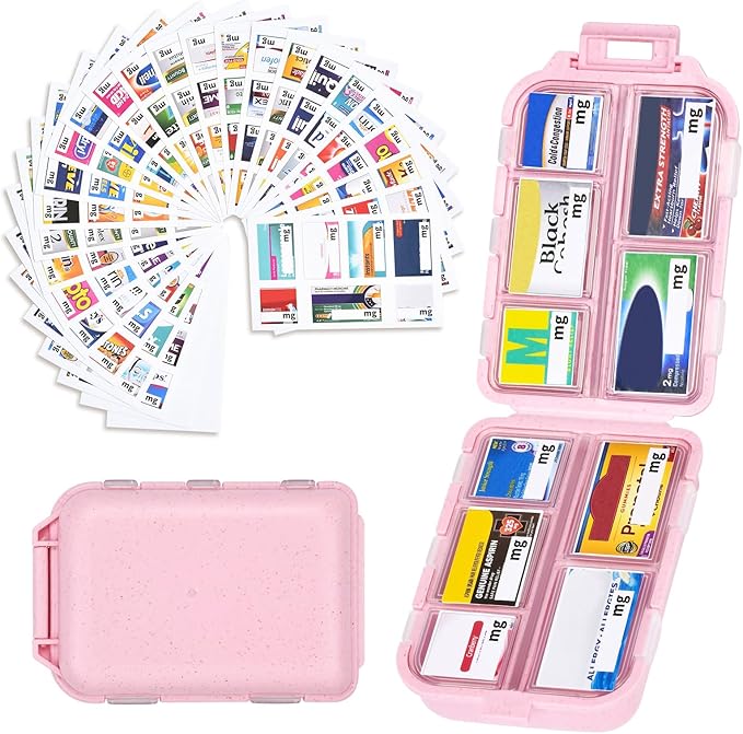 Large Travel Pill Organizer with Medicine Labels, 10 Compartments Travel Medicine Organizer Daily Pill Container Travel Pill Box Purse Pill Case (Pink, 189 Lables)