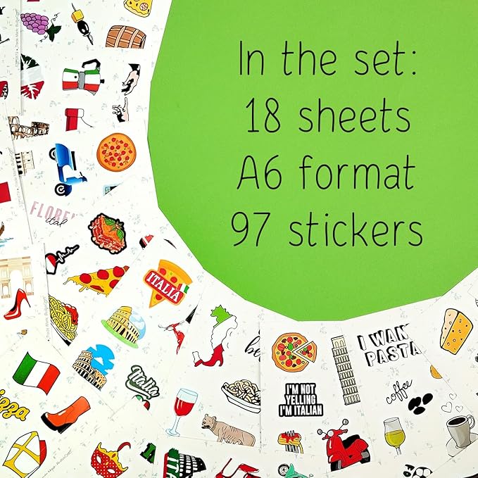 BulbaCraft 100Pcs Italy Stickers for Scrapbooking, Italian Stickers, Rome Decals, Travel Decals for Journal, Scrapbook - Italy Decorations Party Theme, Gifts for Women & Men