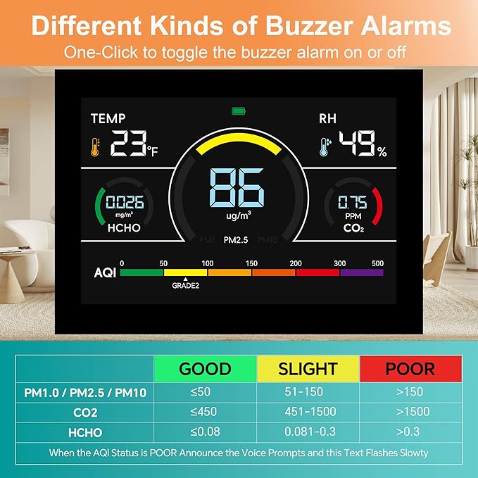 13 in 1 Portable Air Quality Monitor Indoor for Home, Car and Office Air Quality Tester for 6AQI,HCHO, PM2.5, PM1.0, PM10, CO2 Detector Air Quality Meter with Temperature, Humidity (Black)