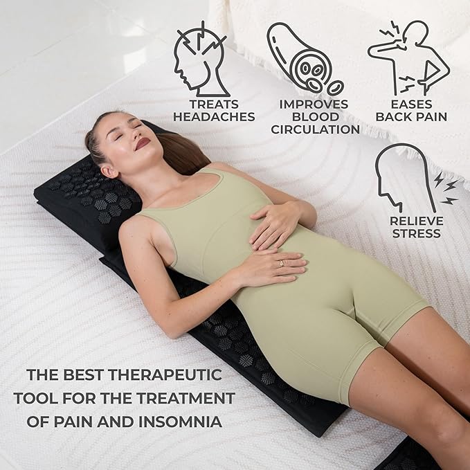 BalanceMate™ Acupressure Mat Set with 6,210 Pressure Points for Pain Relief and Relaxation Kit for Back, Neck, and Sleep – Yoga and Meditation Pillow (Deep Black)