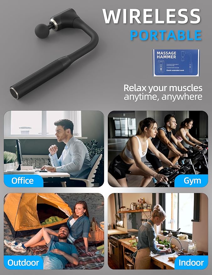 Massage Gun, Back Massager for Pain Relief Deep Tissue, Percussion Massage Gun with Extended Handle, 10MM Deep Percussion, Infinitely Adjustable Speed, 4 Replaceable Heads, Type-C Rechargeable