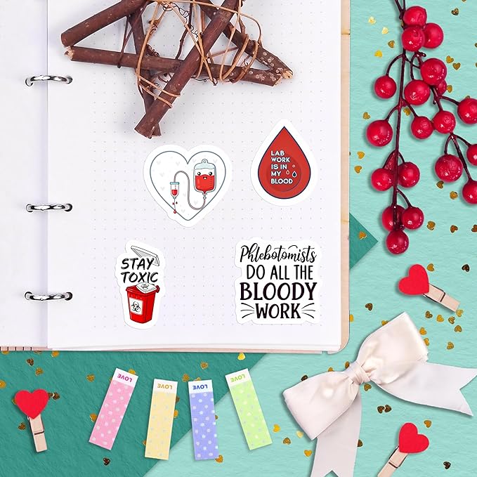 100Pcs Phlebotomy Stickers for Water Bottle, Laptop - Funny Phlebotomy Gifts for Phlebotomist - Phlebotomist Party Supplies & Decorations for Lab Week - Gift for Women & Men