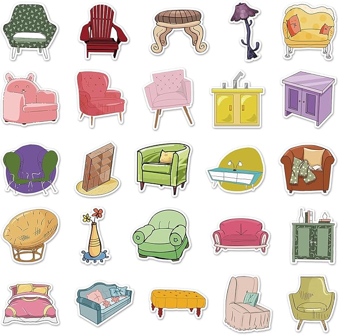 50pcs Furniture Stickers, 1.96-3.15inch Cartoon Home Decorative Stickers, Self-Adhesive for Scrapbooking, Home Decoration, Storage Embellishment