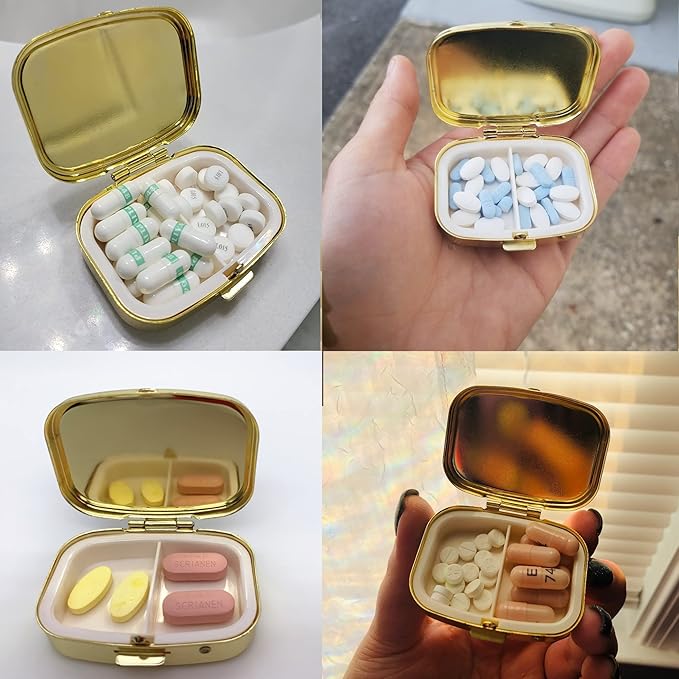Happy Pills Pill Organizer Cute Metal Pill CasePortable Compact Pill Box Pill Container to Hold Tylenol/Vitamins/Fish Oil/Supplements/Meds/Tablet for Purse/Pocket(Upgraded with Mirror)