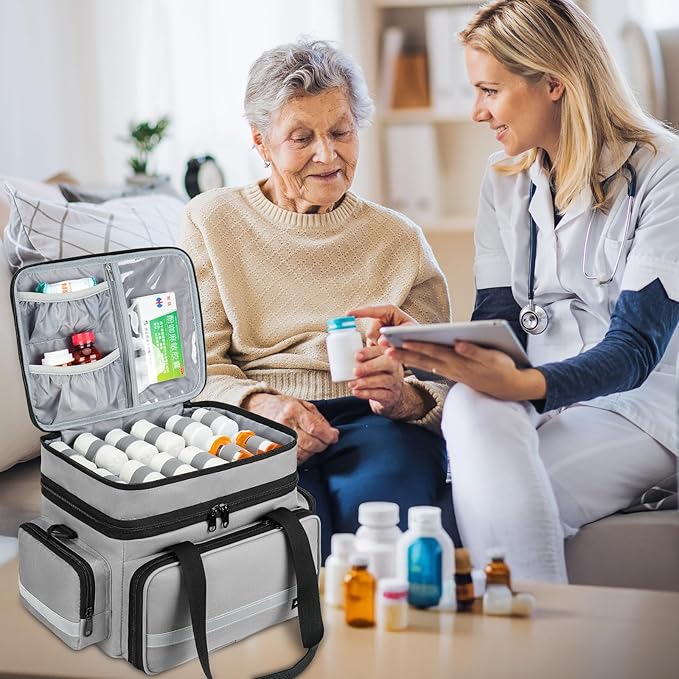 Large Pill Bottle Organizer, Double Layers Medicine Storage Bag with Lockable Zippers and Shoulder Strap,Medication Travel Bag for Prescription Bottles, Vitamins & Medical Supplies, Gray (Bag Only)