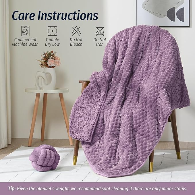 Wemore Fleece Weighted Blanket for Adults (60" x 80" 15lbs, Purple), Dual Sided Cozy Soft Sherpa Heavy Blanket, 3D Imitation Turtle Shell Warm Jacquard Flannel Weighted Blankets for Couch and Bed