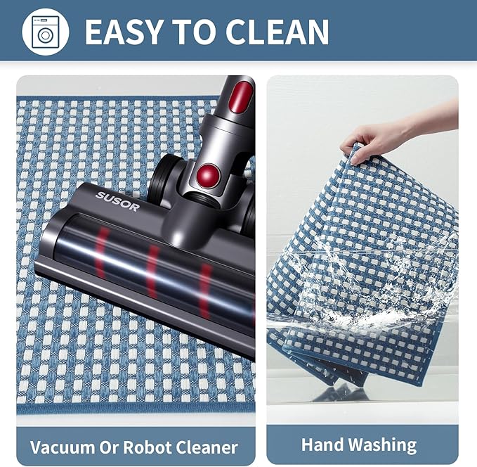Kitchen Runner Rugs Non Slip Washable, Super Absorbent Soft Chenille Braided Kitchen Mats for Floor Rubber Backing Sink Mat Standing Hallway Floor Mat, Easy Clean, Blue 17"x59"