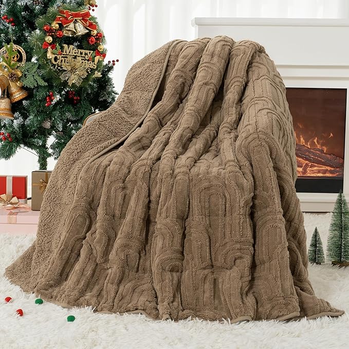 Cottonblue Jacquard Weighted Blanket for Adults 15 lbs Queen Size, Cozy Fluffy Sherpa Fleece Weighted Throw Blankets 60" x 80" for Sleep Relax, Fuzzy Warm Arch Heavy Blanket Soft for Bed Couch, Khaki