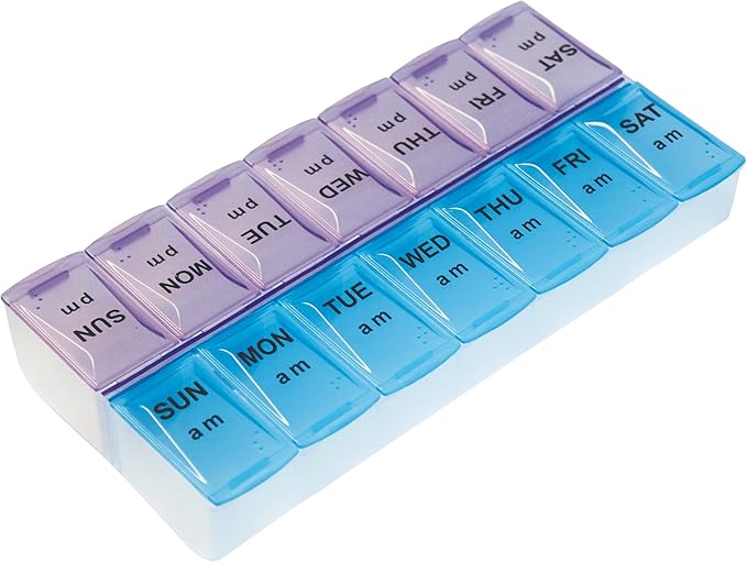 Rehabilitation Advantage Weekly Pill Organizer – 7-Day AM/PM Planner with Easy-Open Large Purple/Blue Standard Size Compartments and User-Friendly Design for Medications & Vitamins