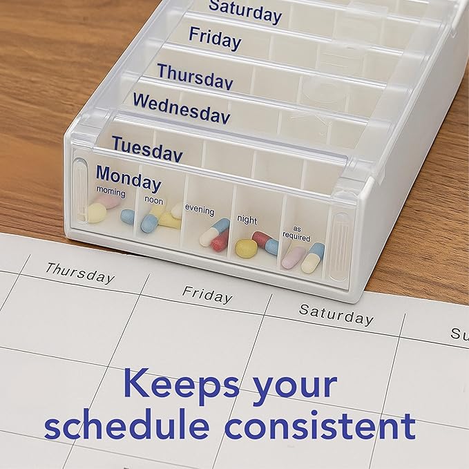 Anabox Weekly Pill Organiser, 7 Day Pill Box, Handy Organised Tablet Dispenser/Container, White, 19 x 12 x 5.4 cm