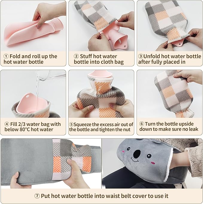 Hot Water Bag, Hot Water Bottle wtih Cover, 1L Rubber Warm Hot Water Bottles Pouch with 130cm Long Soft Waist Cover for Neck, Shoulder, Back, Hand, Legs and Period Pain Relief