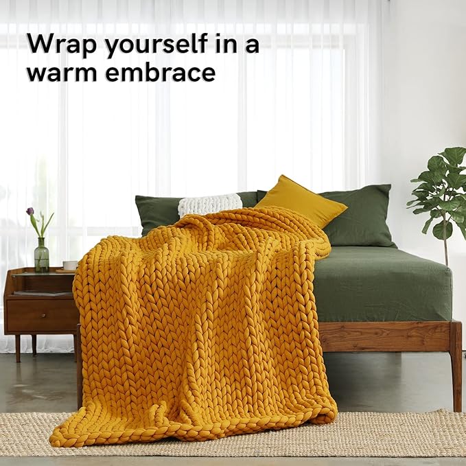 YnM Knitted Weighted Blanket, Handmade Chunky Knitted Design, Soft and Cozy, Temperature Regulating and Breathable, Machine Washable Throw for Sleep or Home Decor (Yellow Fusion, 60x80 Inch, 15lbs)