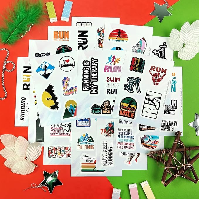 BulbaCraft Running Stickers for Water Bottles, Run Stickers and Decals, Runner Decals - Running Themed Party Decorations, Presents for Marathon Runners Men, Gifts for Women & Men