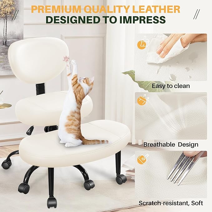 Primy Criss Cross Office Chair - ADHD Cross Legged Chair with Wheels - Adjustable Height Ergonomic Kneeling Desk Chairs for Meditation Yoga Home Office with Backrest, 360°Rotating Footrest -White