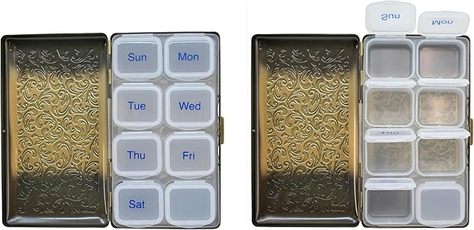 Set of 2 Metal-Plated Weekly (7-Day) Pill Box Case & Portable Medicine Organizer (Large Antique Brass Victorian)