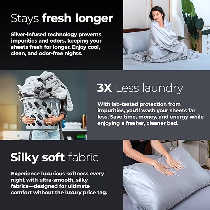 Silvery Silver Infused Bed Sheets Set - Award-Winning Self-Cooling Fabric with Self-Cleaning Silvery Technology™ That Stays Fresh 3X Longer for Hygienic Sleep (Gray, Split King)
