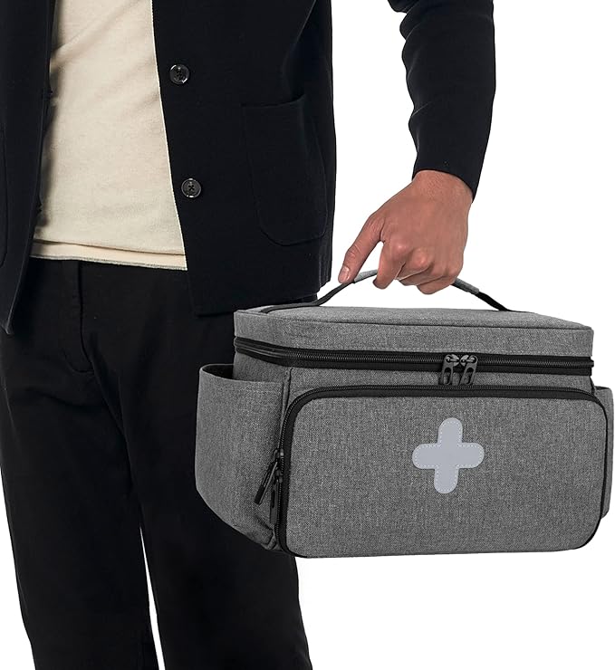 CURMIO Small Medicine Storage Bag Empty, Family First Aid Box, Pill Bottle Organizer for Emergency Medical Supplies, Gray (Bag Only, Patent Pending)
