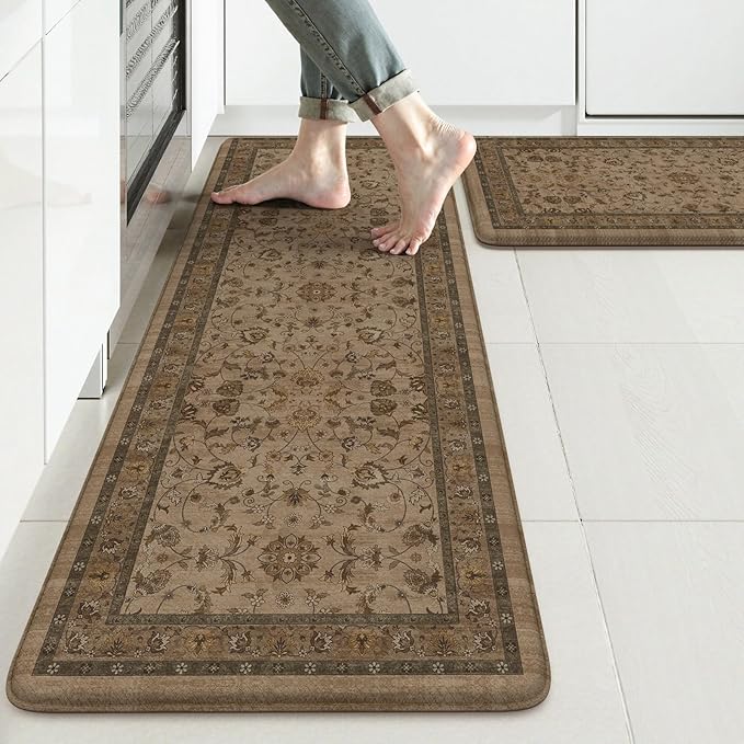 KIMODE Comfort Kitchen Floor Mats Cushioned Anti Fatigue,Boho Farmhouse Rugs for Floor Sets of 2,Memory Foam Ergonomic Kitchen Mat Non Slip for Laundry Office Bathroom Decor,Brown