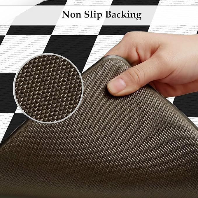KIMODE Farmhouse Kitchen Rugs, Anti-Fatigue Kitchen Mats, Non-Slip, Cushioned Standing Mat, 17"x47"+17"x29", Black Diamond Check