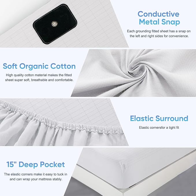 Grounding Sheets King Size, 95% Organic Cotton + 5% Pure Silver Fiber, Grounded Sheet Earth Connected Bedding (King - 77"x 80"x 13" White) Fitted Earth Sheets with Grounding Cord