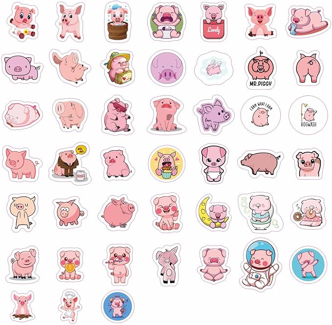 BulbaCraft 100Pcs Pig Stickers and Decals, Piggy Stickers for Water Bottle and Laptop, Gifts for Women & Men