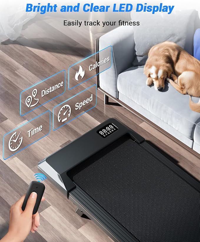 DeerRun Walking Pad Under Desk Treadmill with Incline, Quiet & Space-Saving Design for Home Office, 300 lbs Capacity, 0.6-3.8 MPH, App & Remote Control