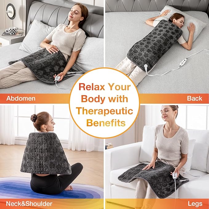 Woomer Faux Fur Electric Heating Pad for Back Pain Relief, Extra Large 17” x 33”, Extended Coverage from Neck to Hip, Two-Sided, Moist Mode, ETL Certified, 6 Adjustable Heats & 2H Auto-Off,Grey